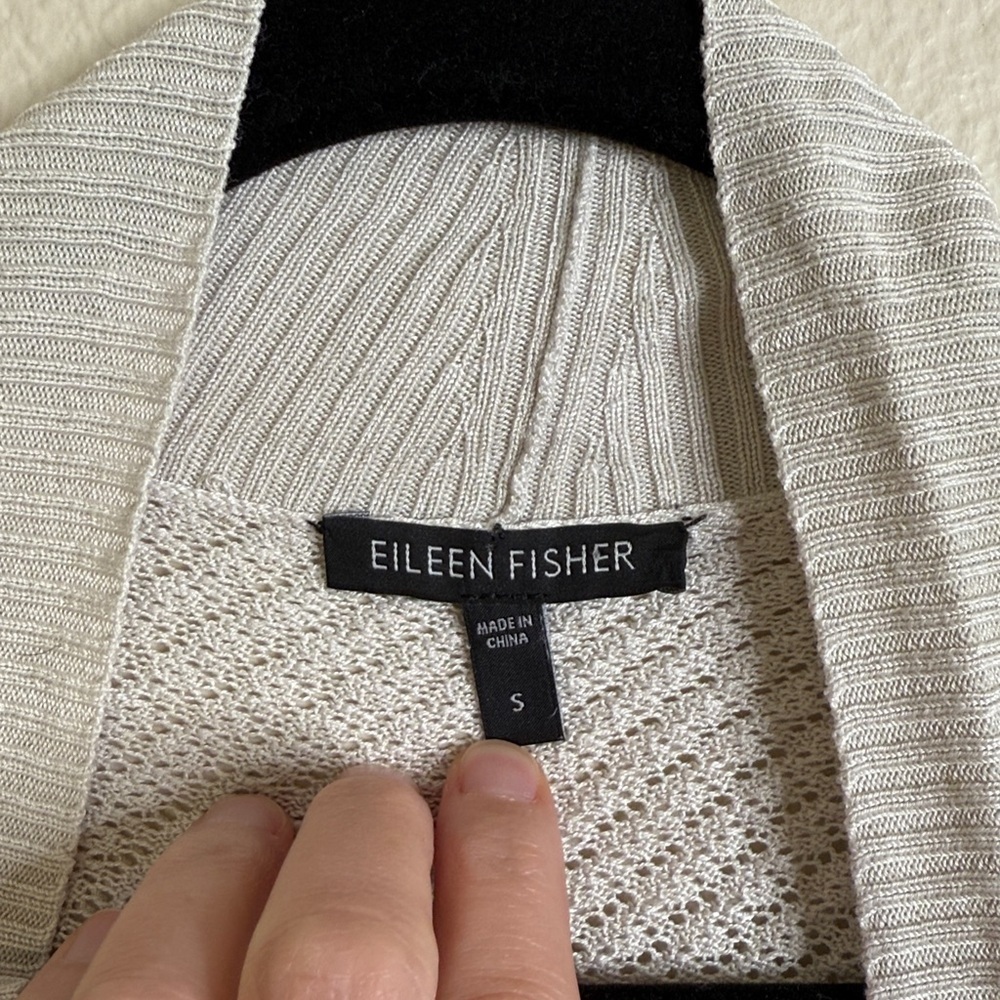 Eileen Fisher silk crocheted waterfall cardigan small oatmeal - Picture 3 of 5